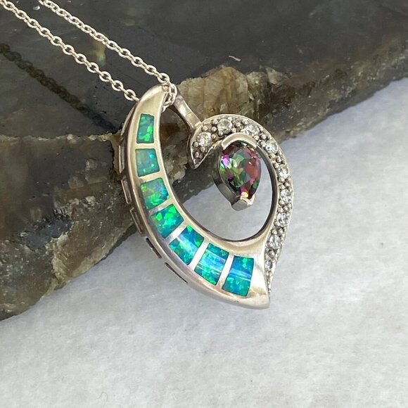 Sterling Silver 925 5☆ Mystic Quartz & Blue Gilson Opal Pendant Necklace 18" - Picture 11 of 16